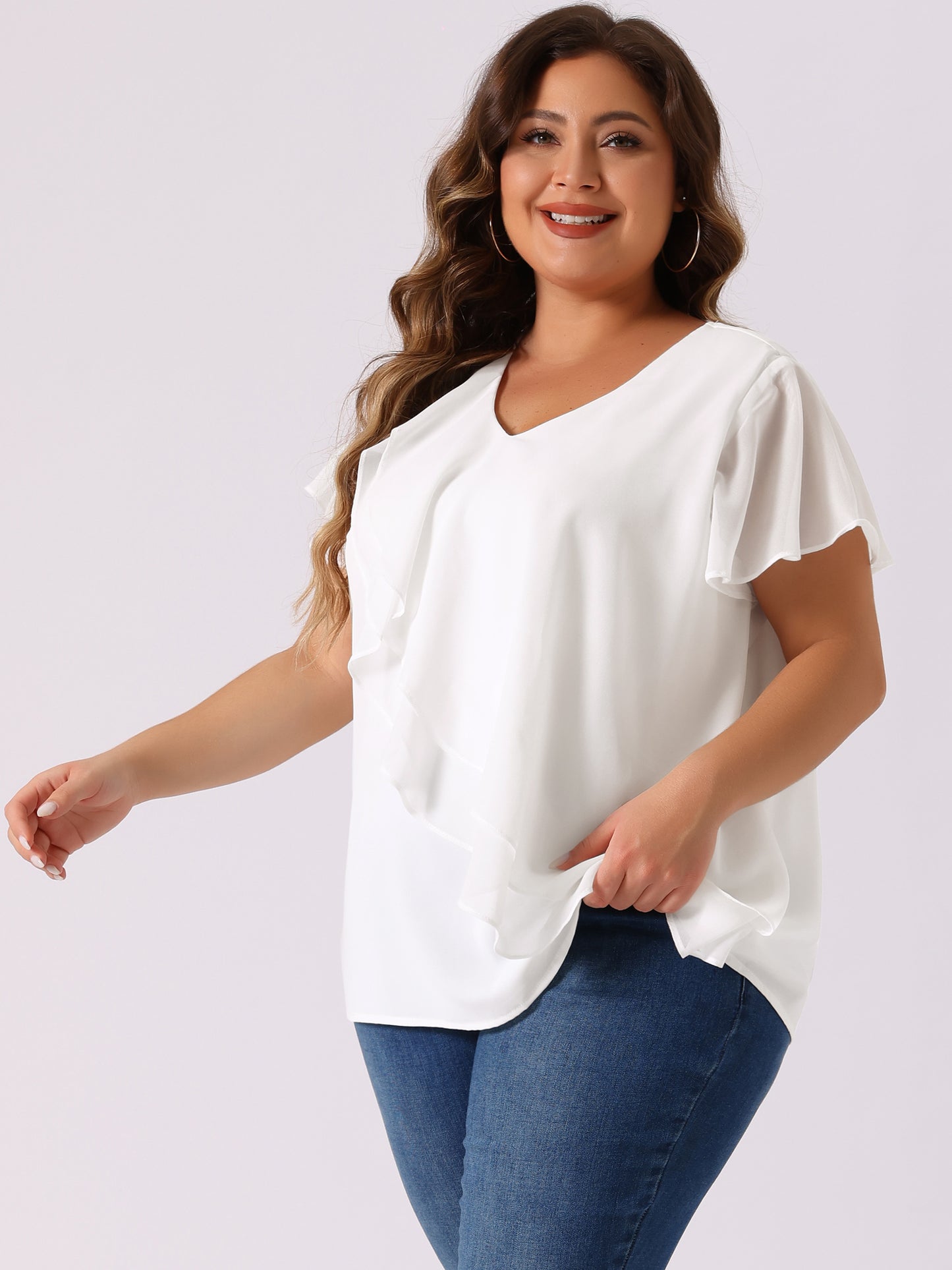 Women Plus Size Flutter Sleeves Tops V Neck Layer Chiffon Blouse Ruffle Top