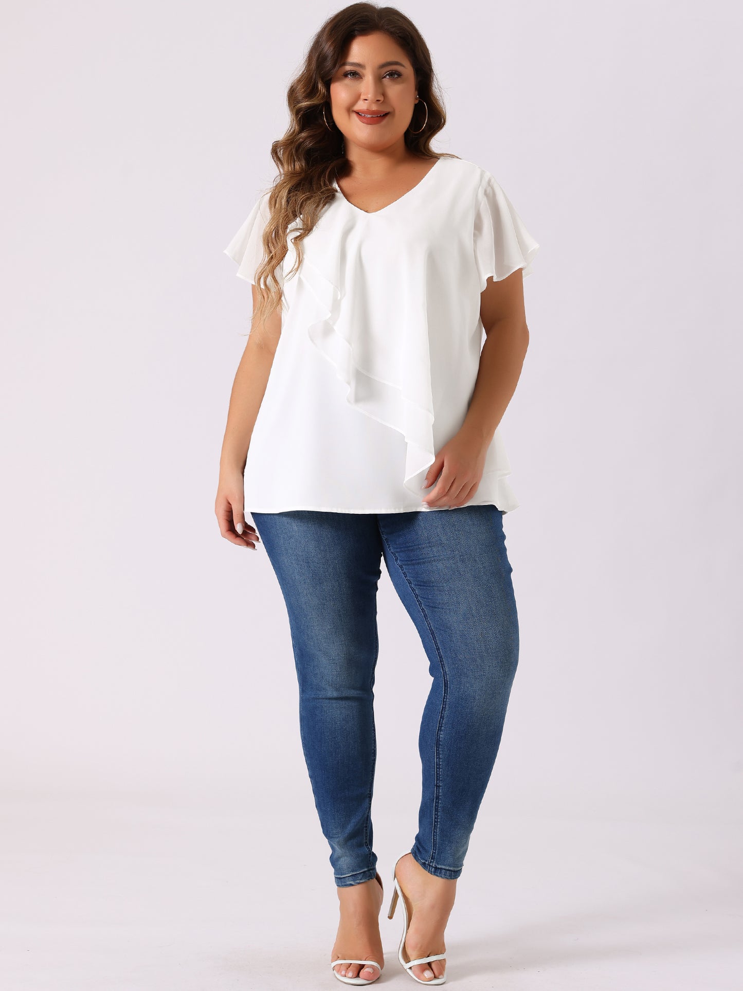 Women Plus Size Flutter Sleeves Tops V Neck Layer Chiffon Blouse Ruffle Top