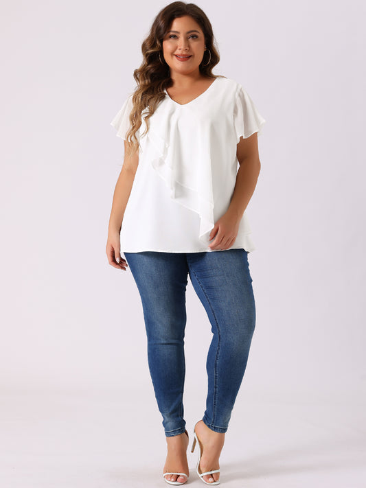 Women Plus Size Flutter Sleeves Tops V Neck Layer Chiffon Blouse Ruffle Top