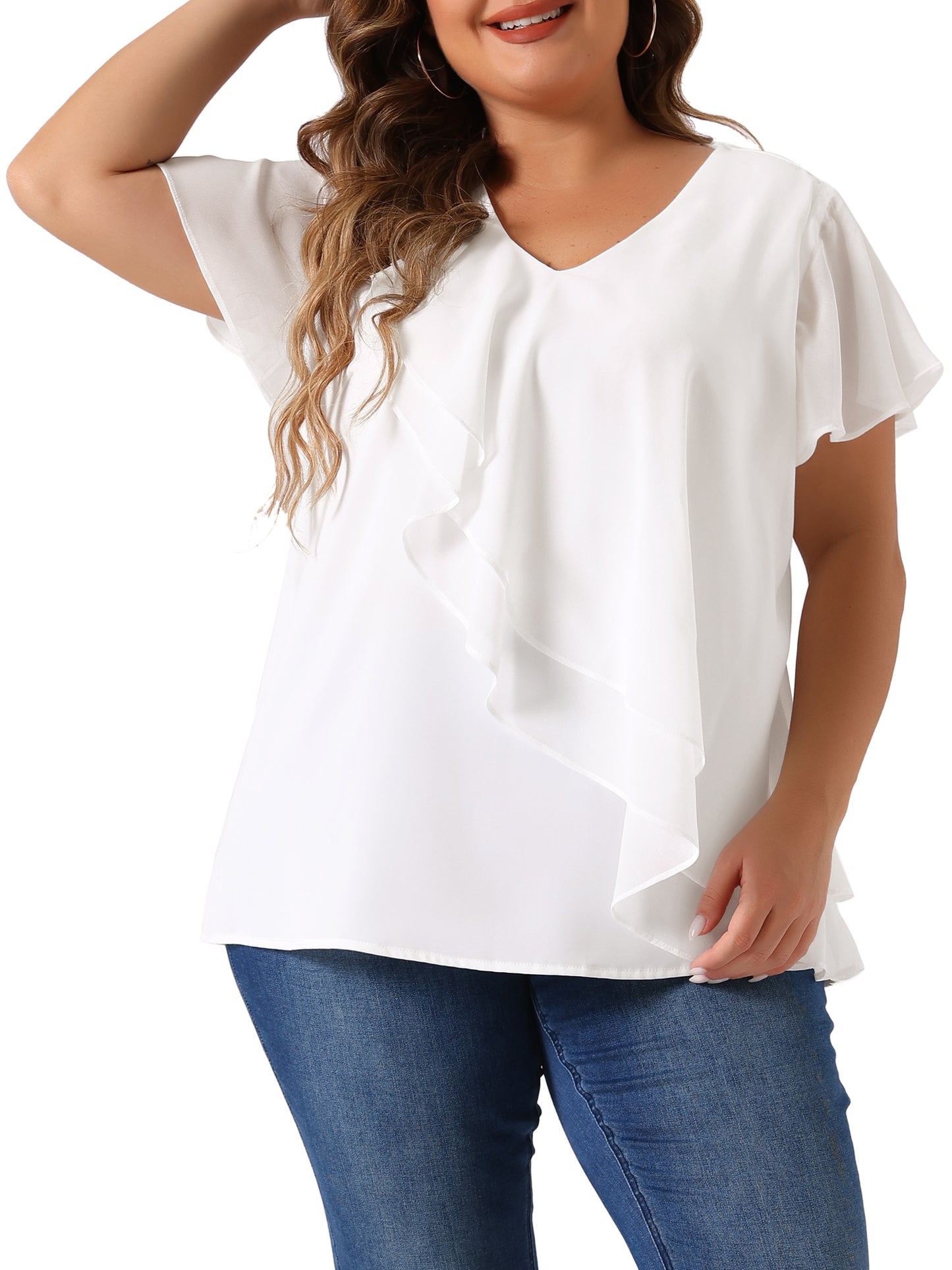 Women Plus Size Flutter Sleeves Tops V Neck Layer Chiffon Blouse Ruffle Top
