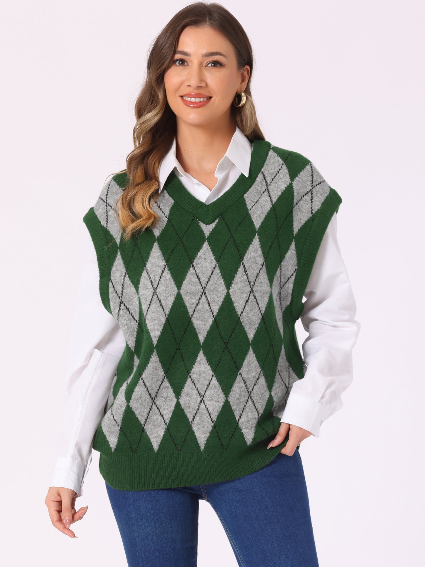 Suéter holgado de punto sin mangas con cuello en V y contraste de color para mujer