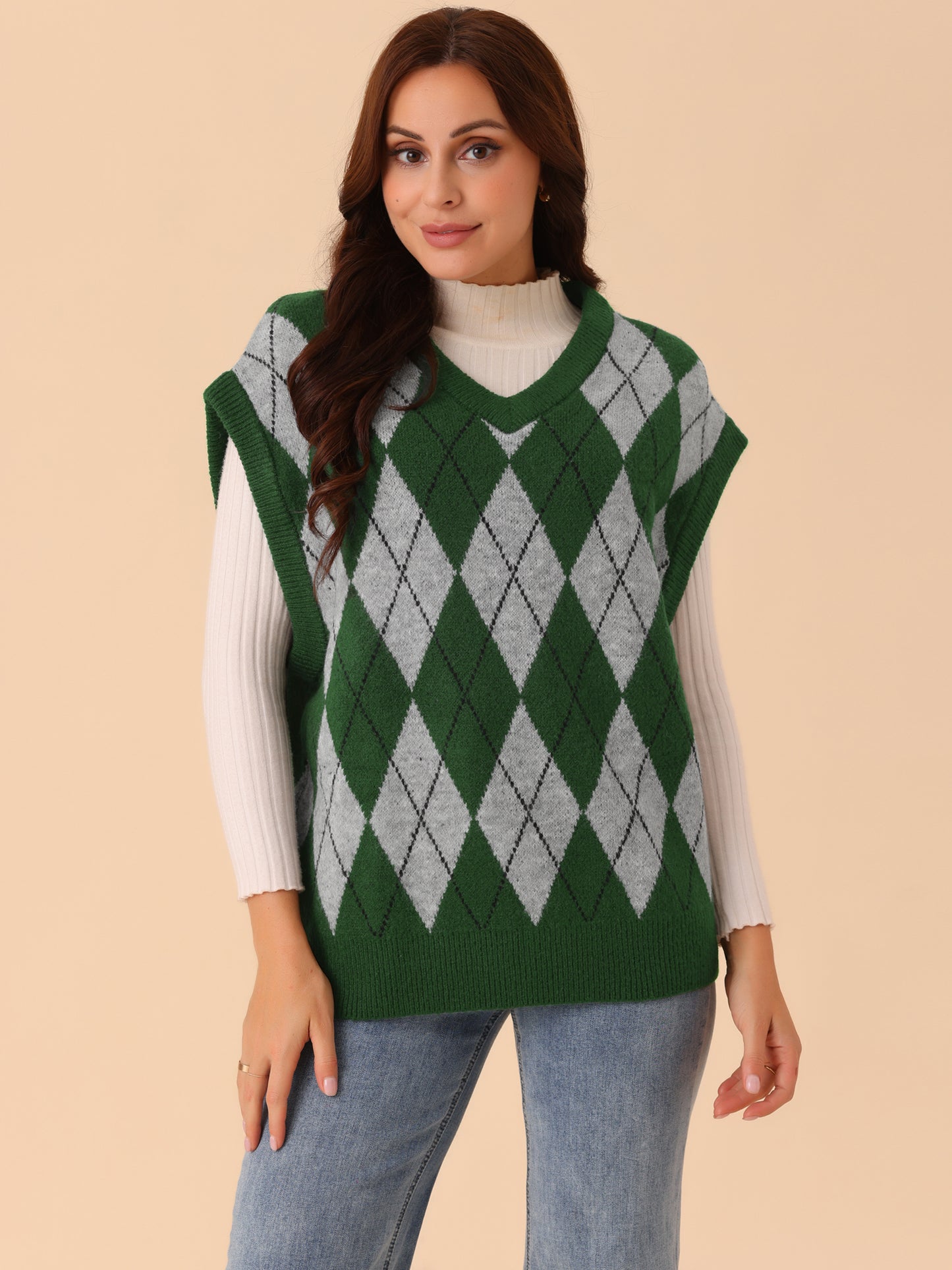 Suéter holgado de punto sin mangas con cuello en V y contraste de color para mujer