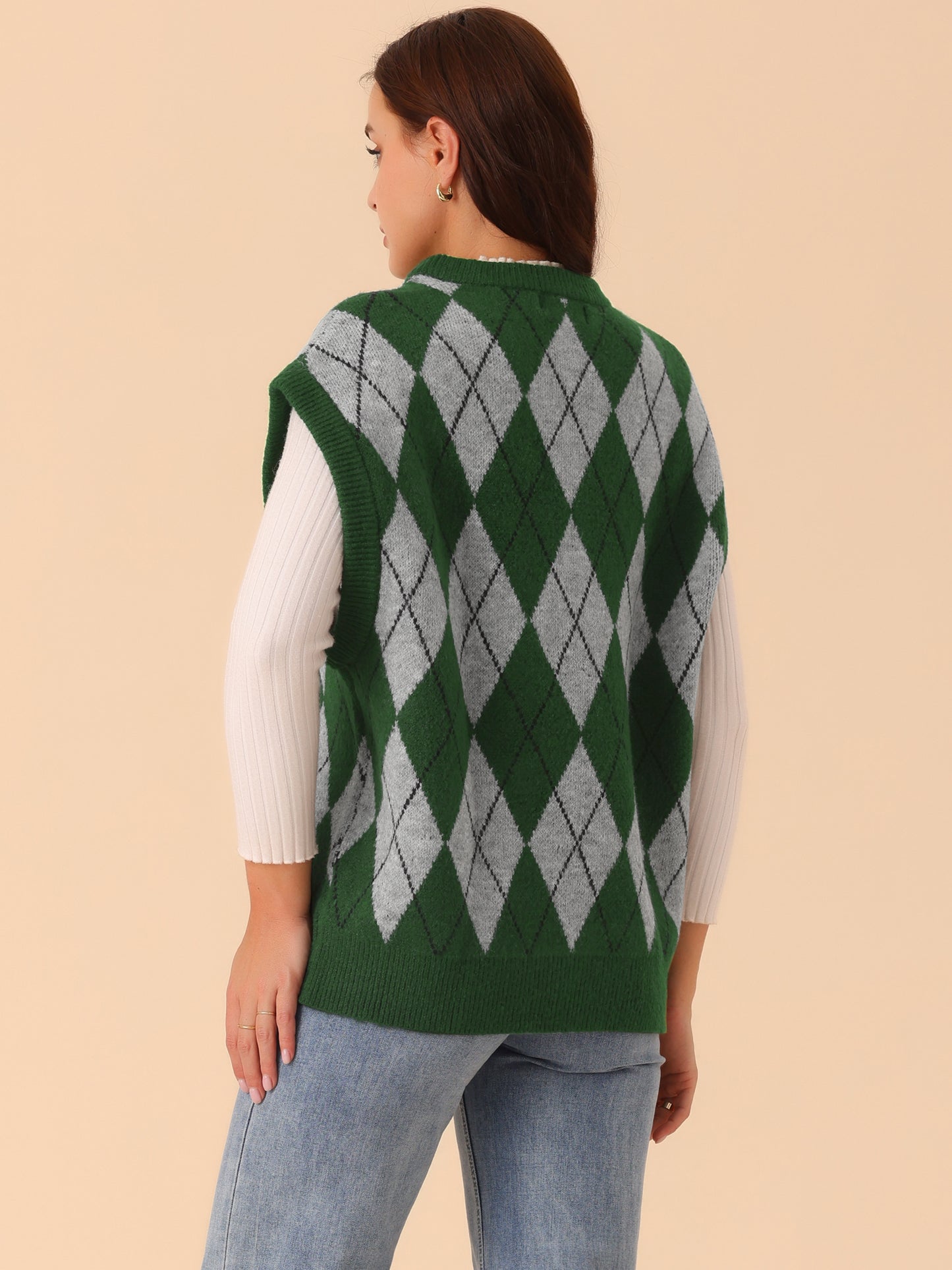 Suéter holgado de punto sin mangas con cuello en V y contraste de color para mujer