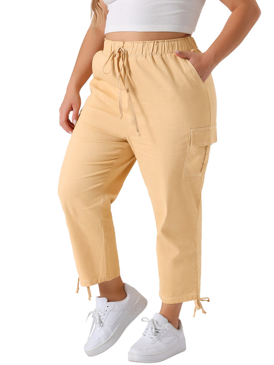 Women's Plus Size Drawstring Elastic Waist Cargo Pants with Pocket