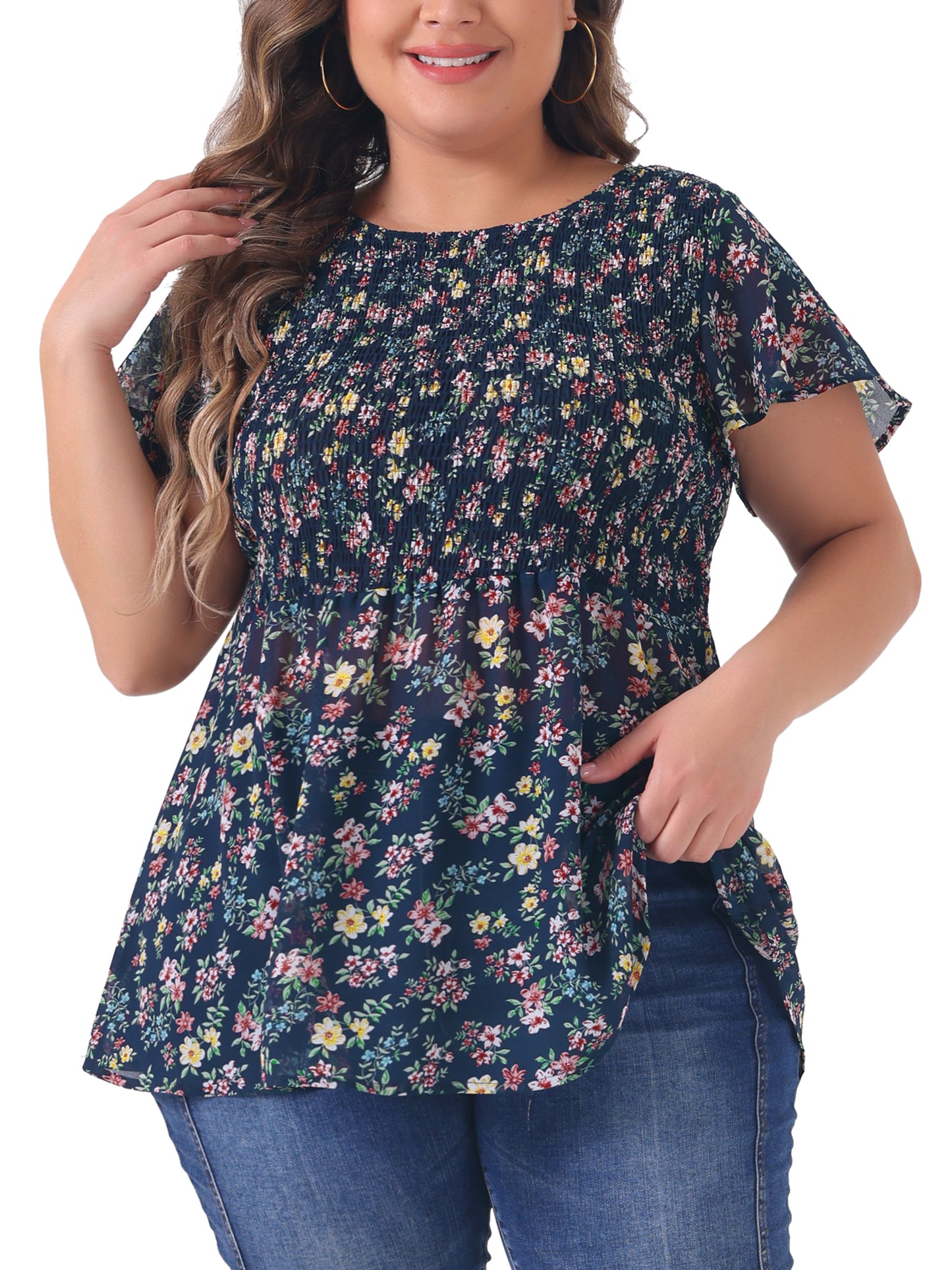 Women Plus Size Chiffon Blouse Summer Flare Short Sleeve Smocked Ditsy Floral Peplum Top