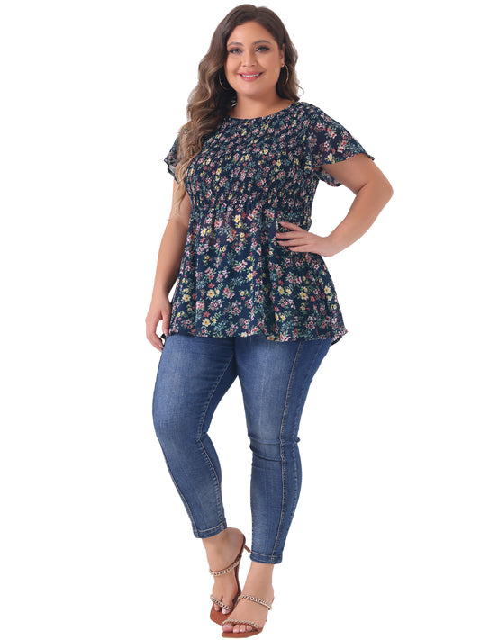 Women Plus Size Chiffon Blouse Summer Flare Short Sleeve Smocked Ditsy Floral Peplum Top