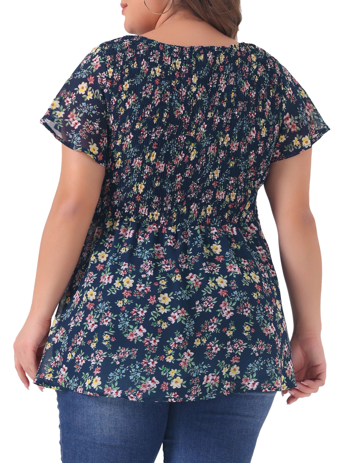 Women Plus Size Chiffon Blouse Summer Flare Short Sleeve Smocked Ditsy Floral Peplum Top