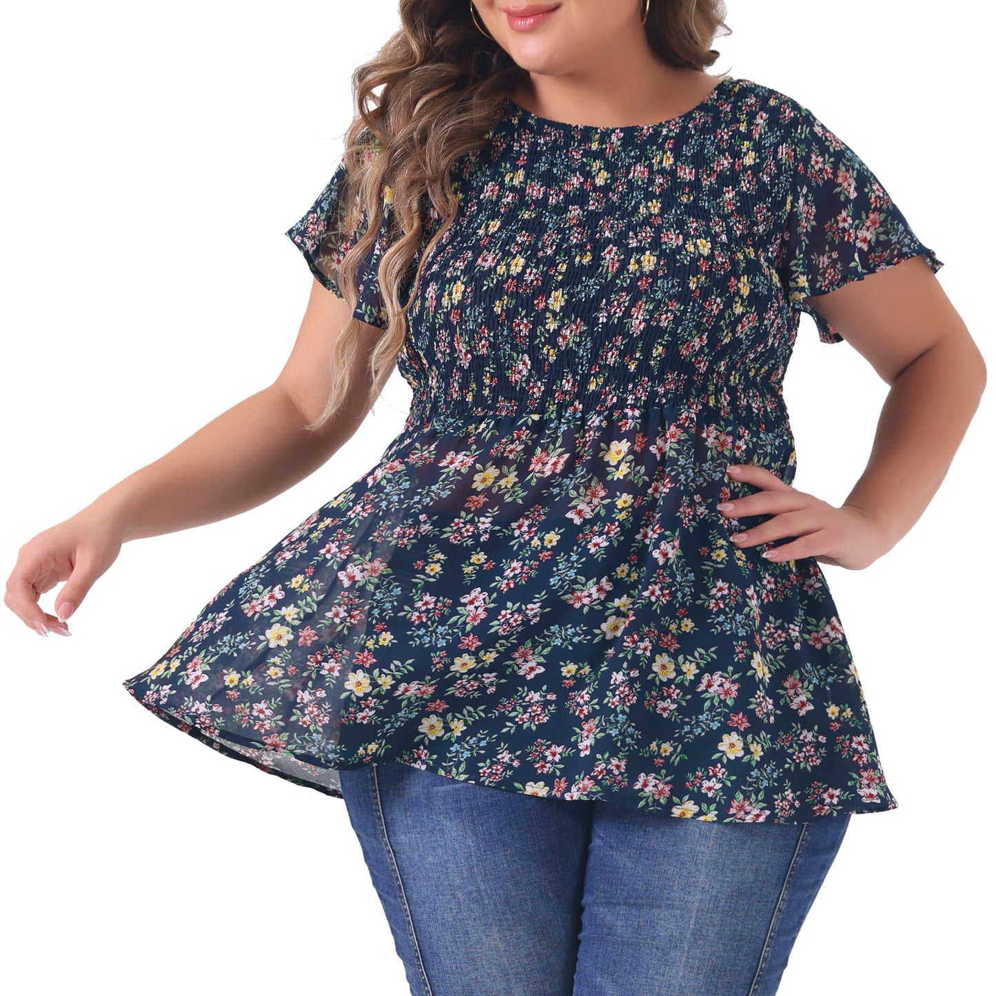 Women Plus Size Chiffon Blouse Summer Flare Short Sleeve Smocked Ditsy Floral Peplum Top