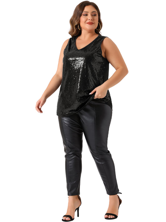 Women Plus Size Sleeveless Glitter Sequin Tank Tops Shimmer Sparkle V Neck Club Party Vest Top