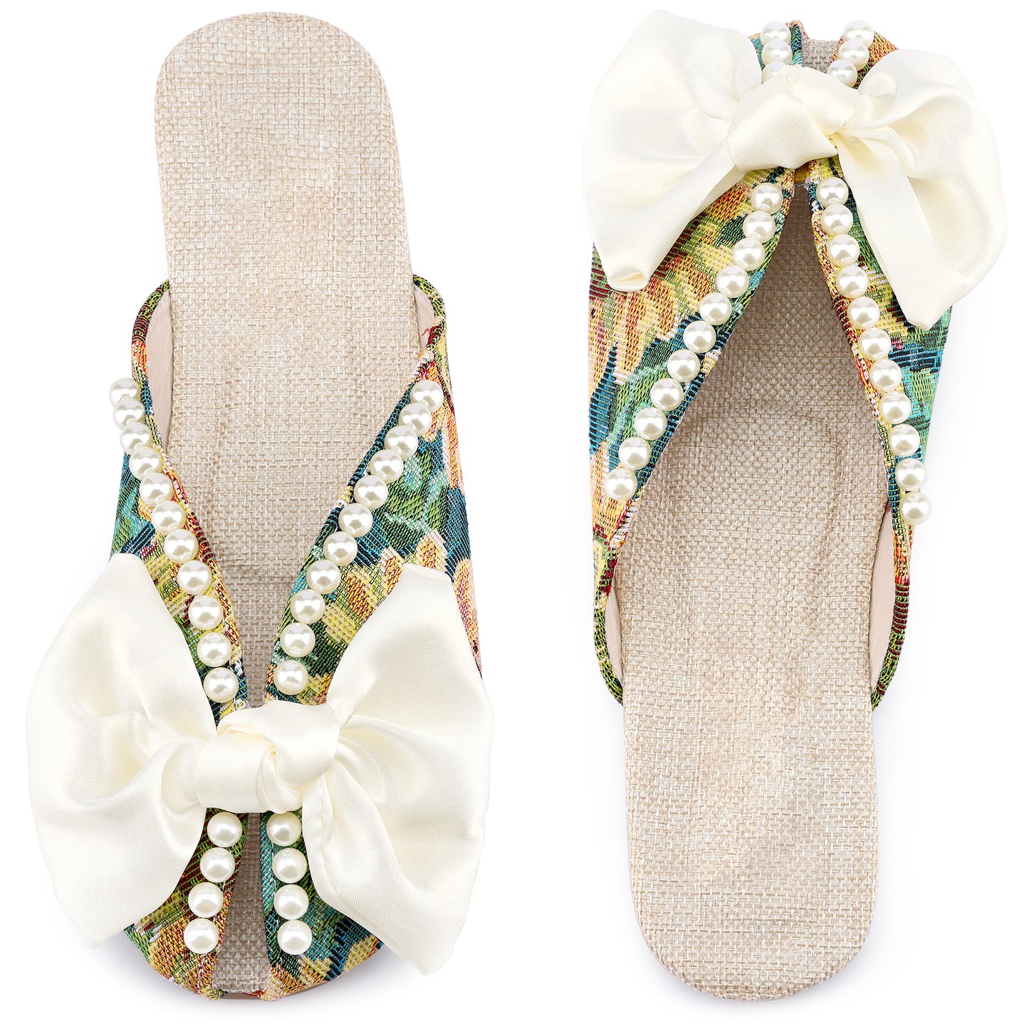 Sandalias planas con punta abierta y estampado floral para mujer, sin cordones, con perlas