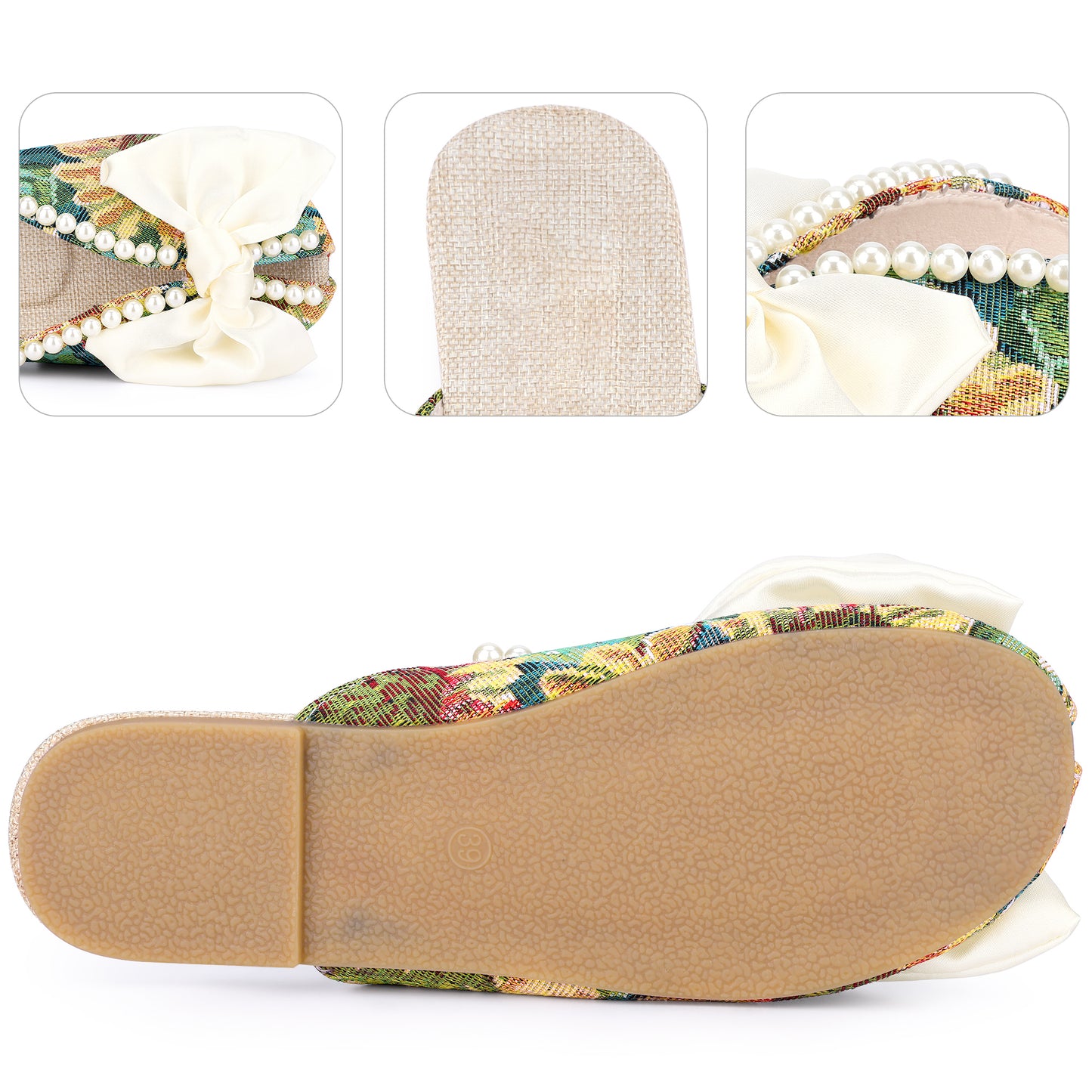 Sandalias planas con punta abierta y estampado floral para mujer, sin cordones, con perlas