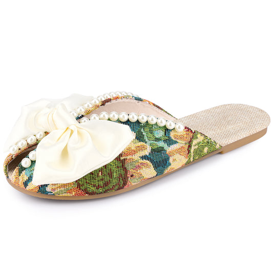 Sandalias planas con punta abierta y estampado floral para mujer, sin cordones, con perlas