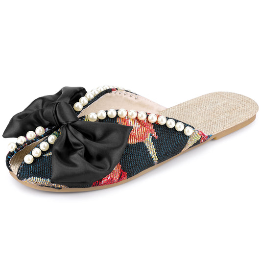 Sandalias planas con punta abierta y estampado floral para mujer, sin cordones, con perlas