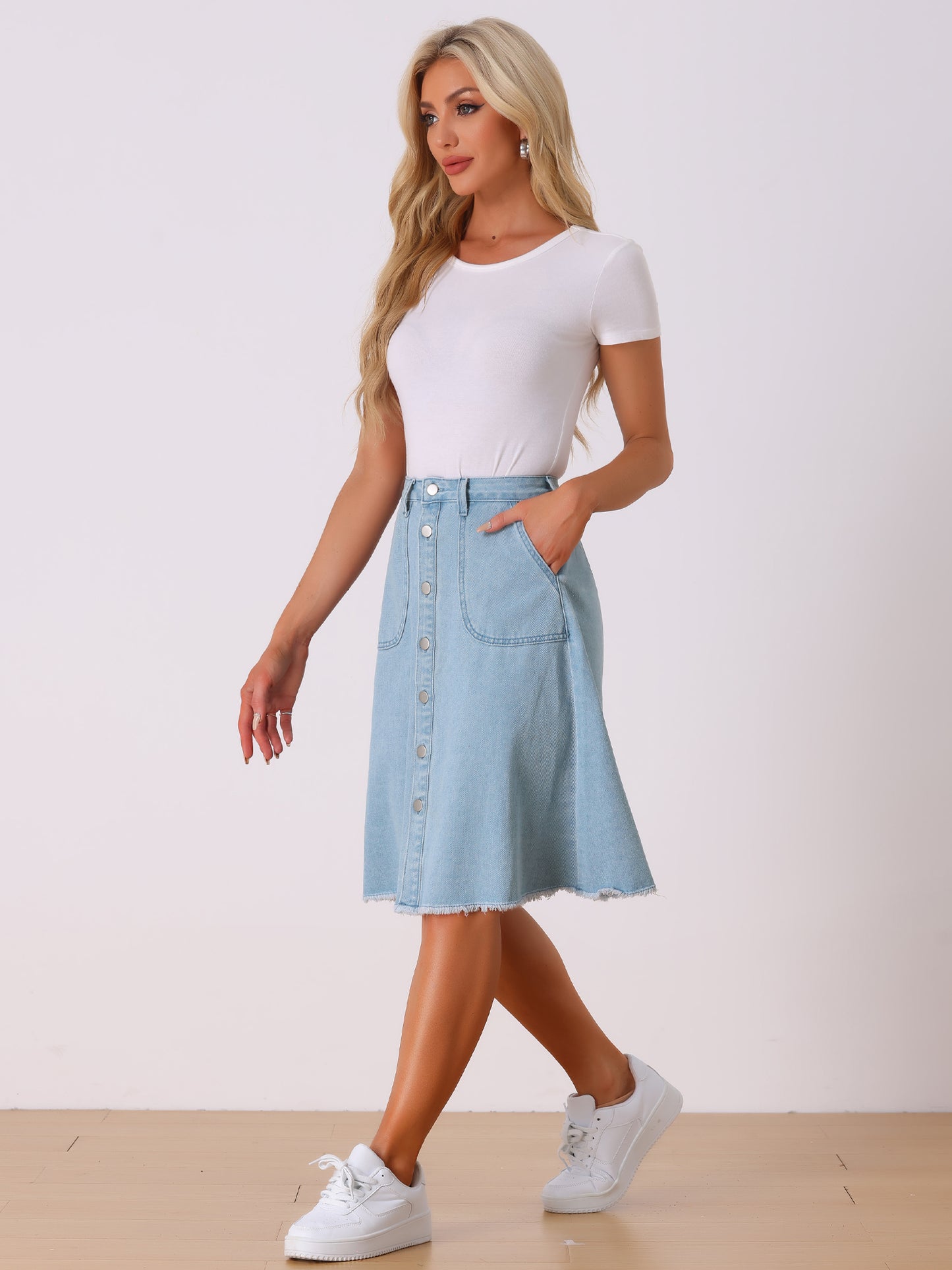 Women's Denim Skirts Raw Hem Button Down Midi Jeans Skirt