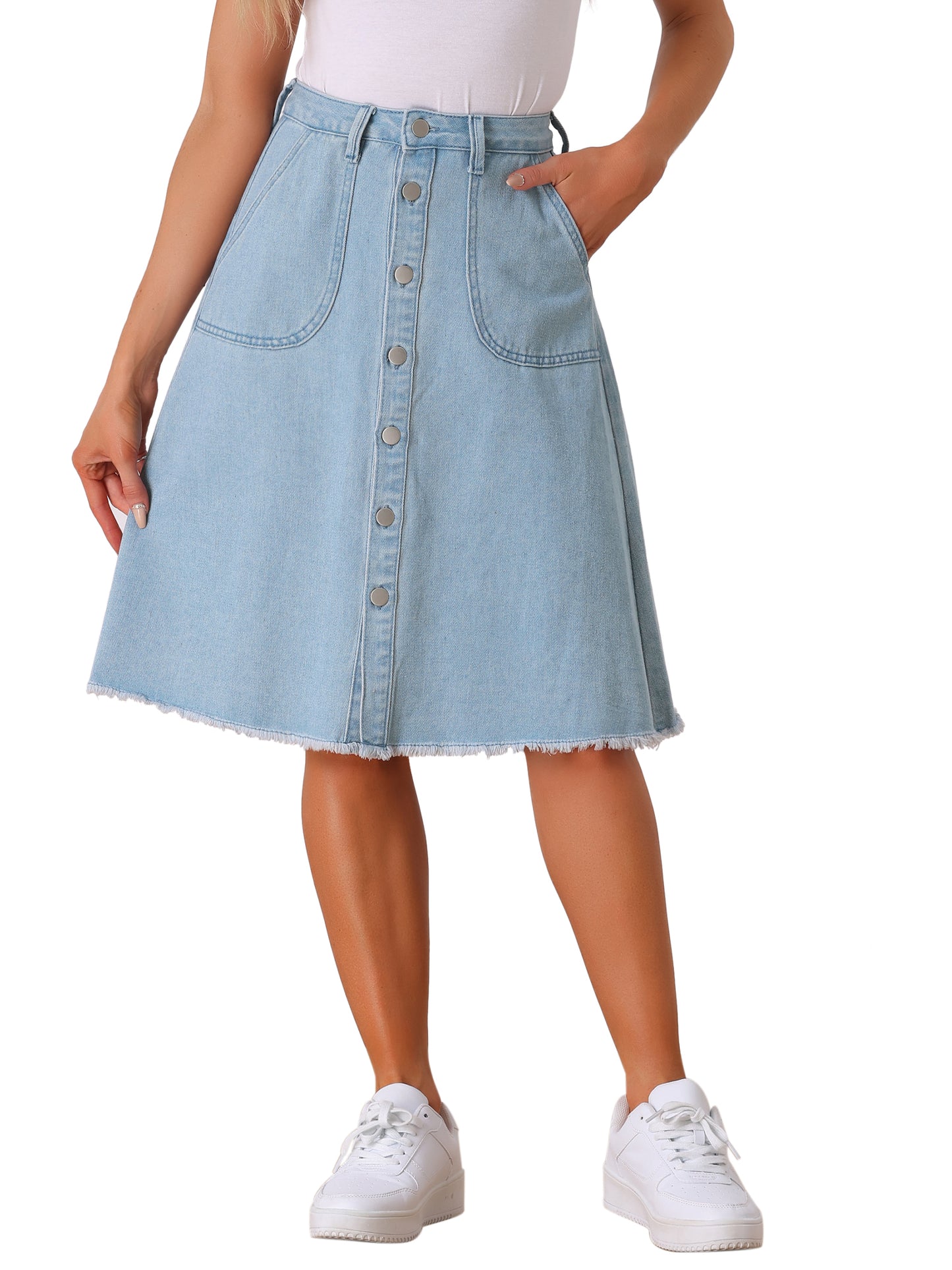 Women's Denim Skirts Raw Hem Button Down Midi Jeans Skirt