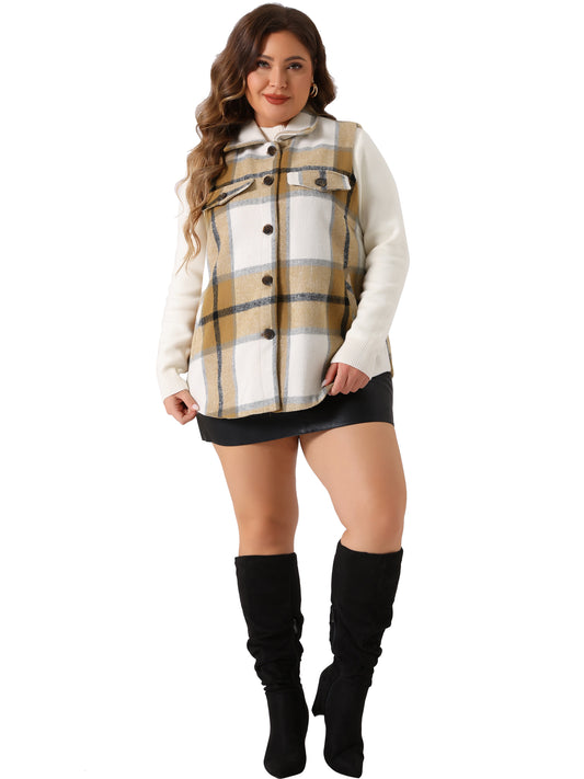 Women Plus Size Coat Plaid Vest Coat Slash Pocket Sleeveless Button Down Jacket Outerwear