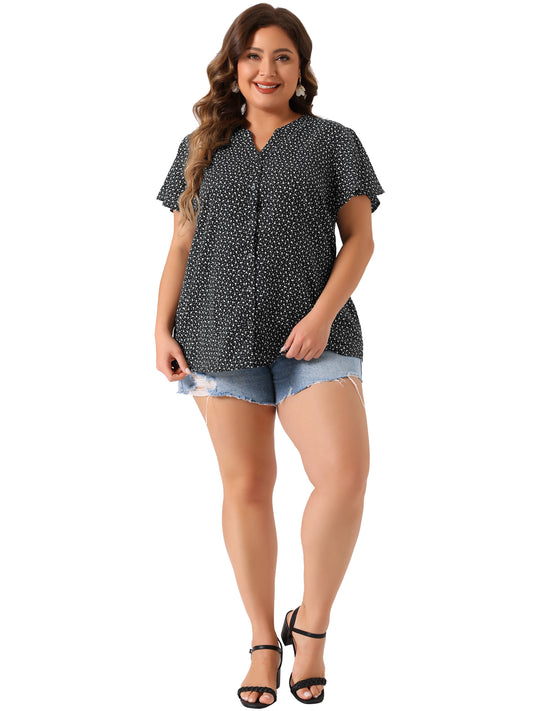 Women Plus Size Chiffon Flare Short Sleeve Button Down Floral Blouse Shirt