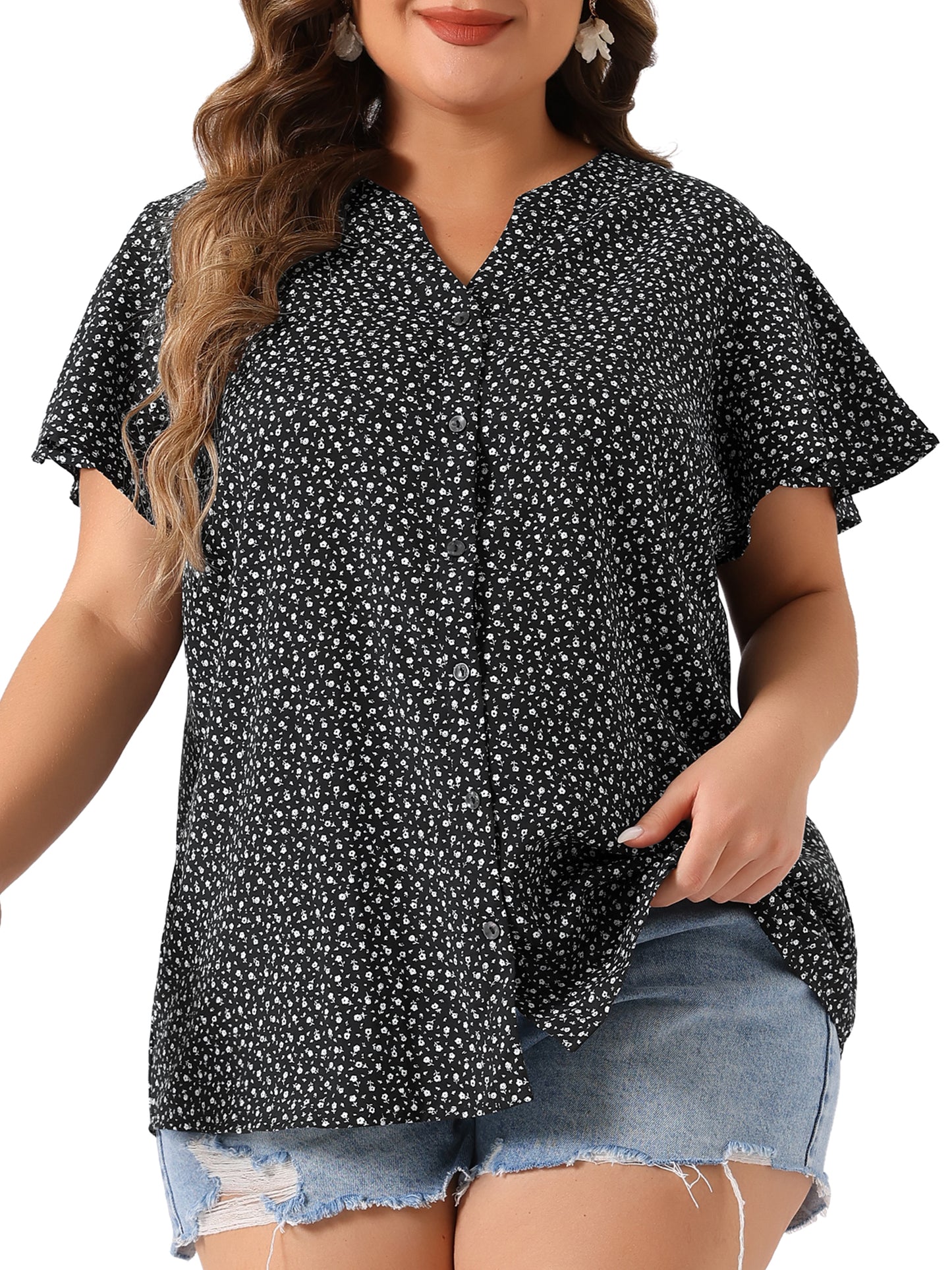Women Plus Size Chiffon Flare Short Sleeve Button Down Floral Blouse Shirt