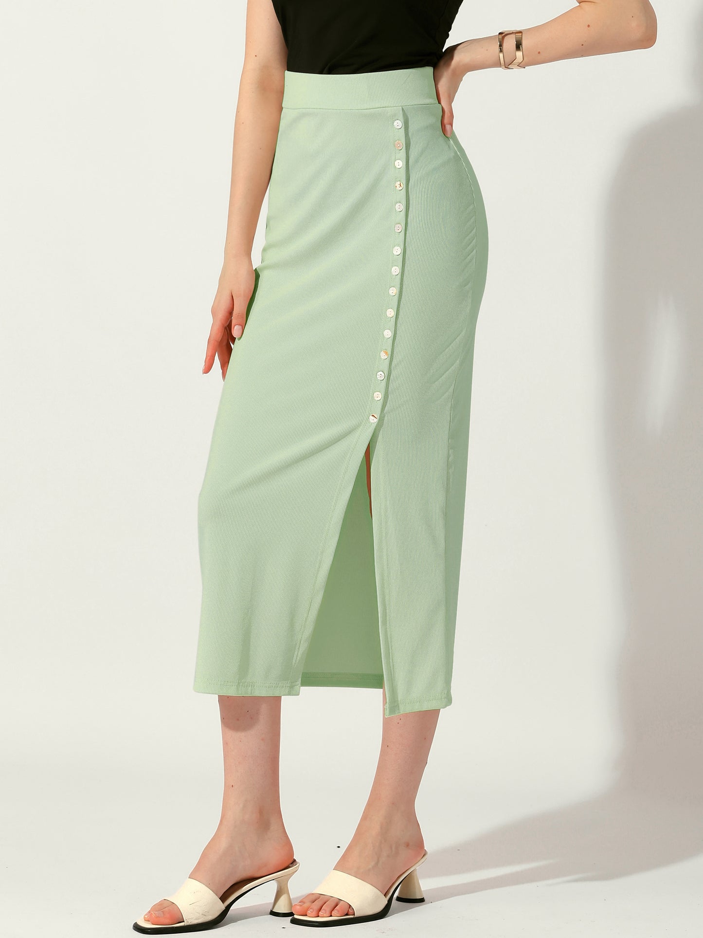 Falda básica de tubo para mujer, informal, de punto acanalado, con abertura lateral y midi, ajustada