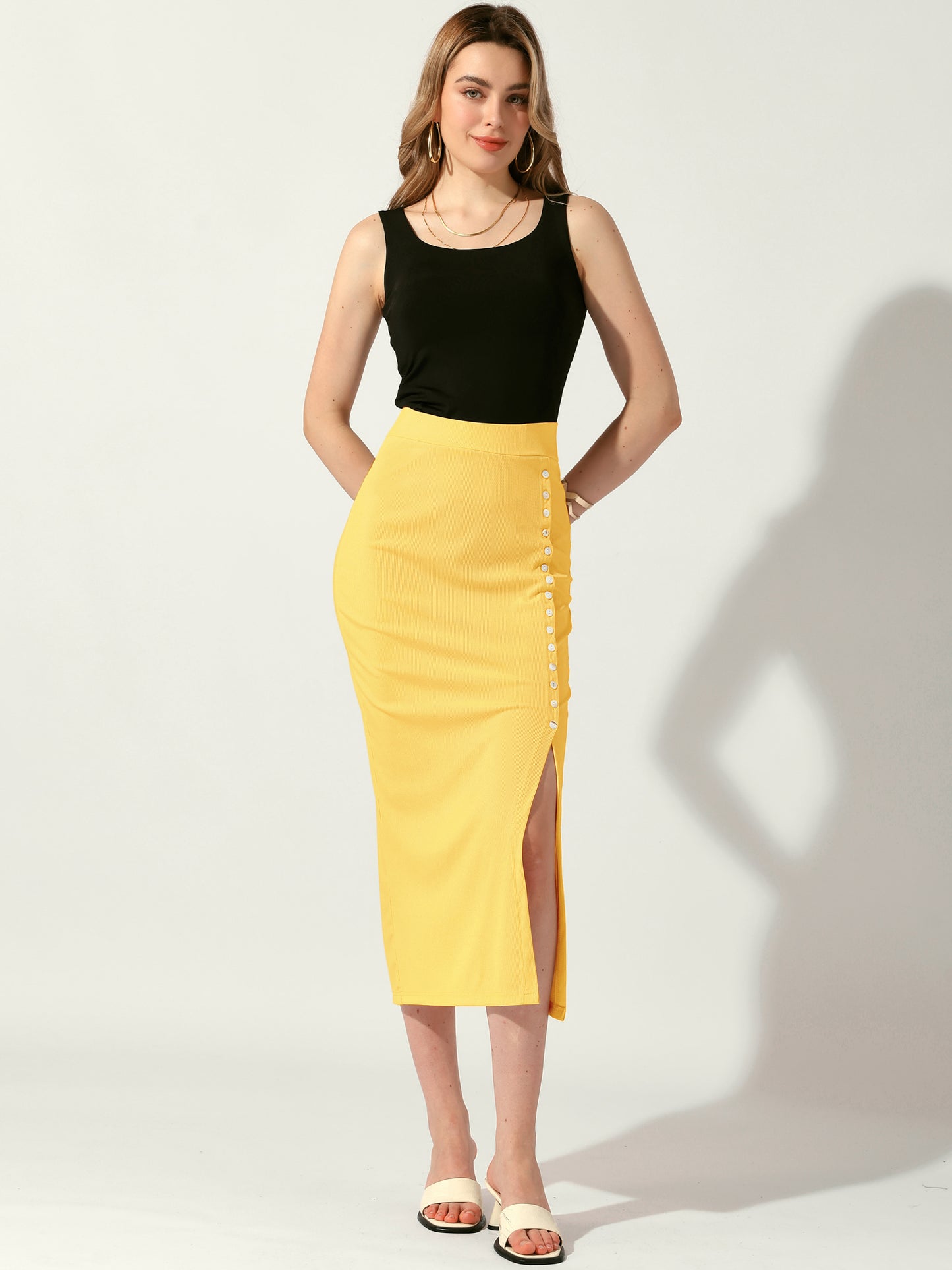 Women's Pencil Basic Skirt Midi Casual Side Split Slit Ribbed Knit Bodycon Skirts