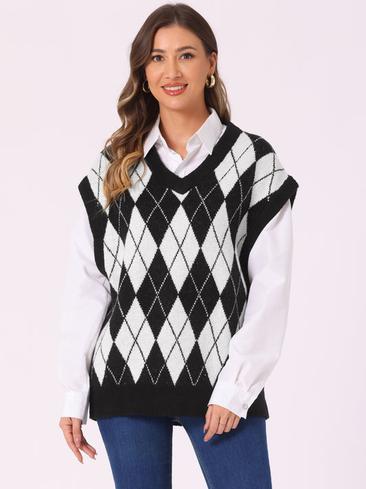 Women's Contrast Color Oversize Sweater Vest V Neck Sleeveless Knit Loose Pullover Sweater Top