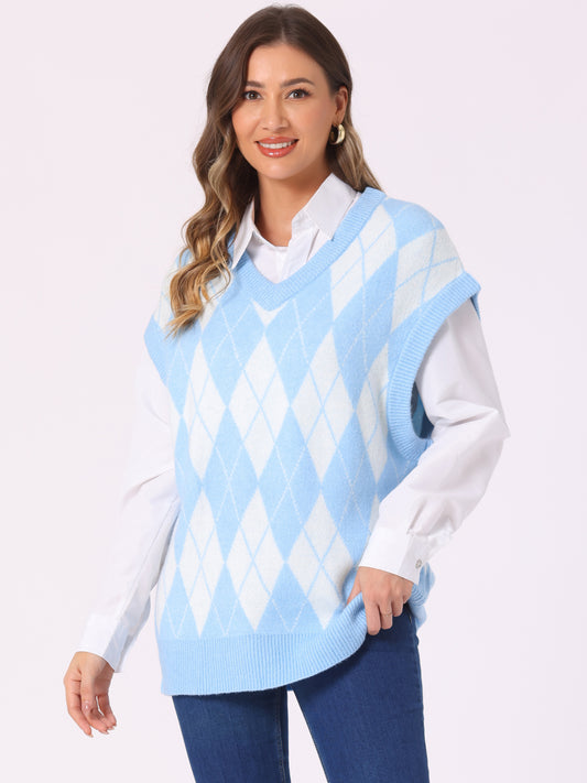 Women's Contrast Color Oversize Sweater Vest V Neck Sleeveless Knit Loose Pullover Sweater Top