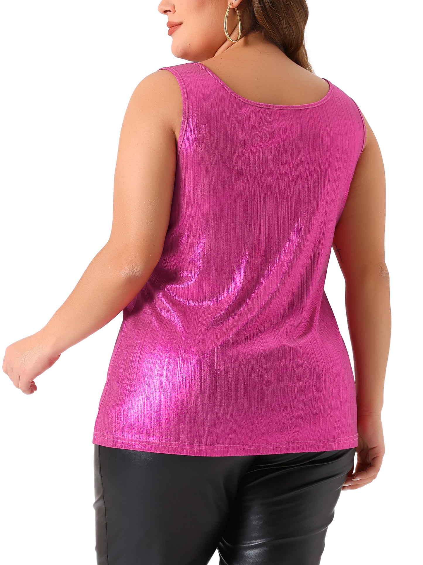 Women Plus Size Tops Scoop Neck Sleeveless Party Clubwear Holographic Shiny Metallic Tank Top