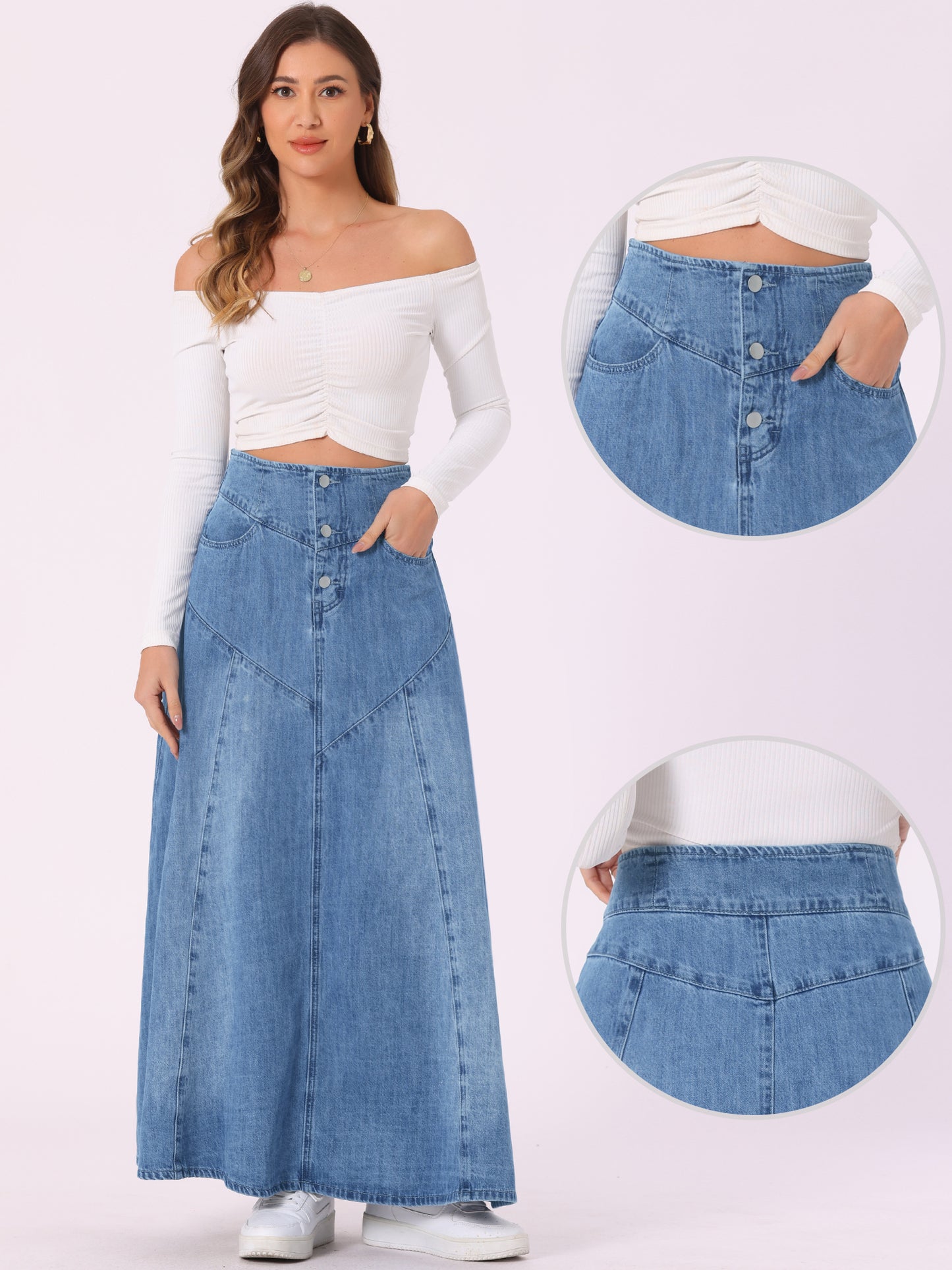 Women's Casual Denim Skirt High Waisted A-Line Flared Maxi Skirts
