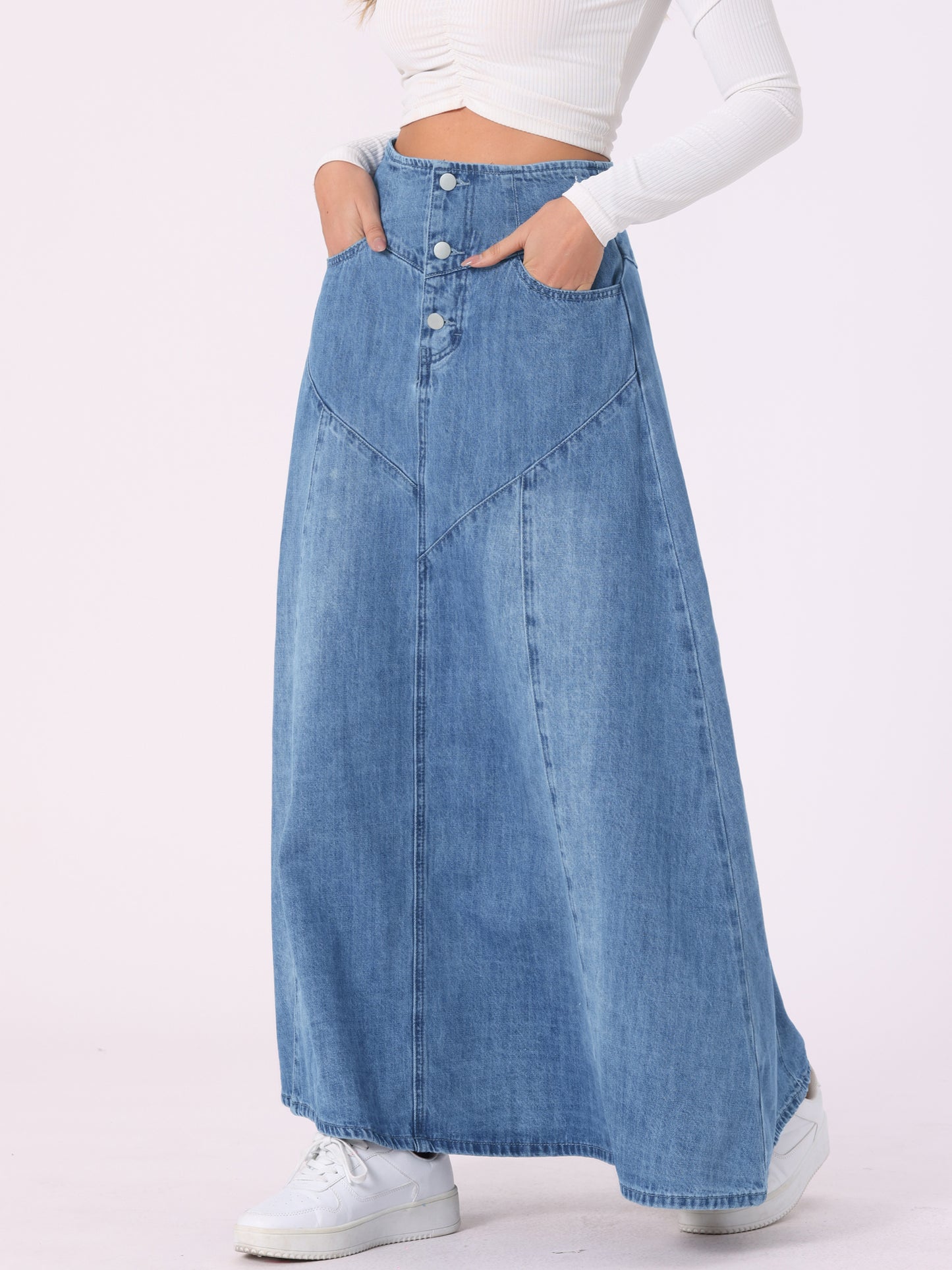 Women's Casual Denim Skirt High Waisted A-Line Flared Maxi Skirts