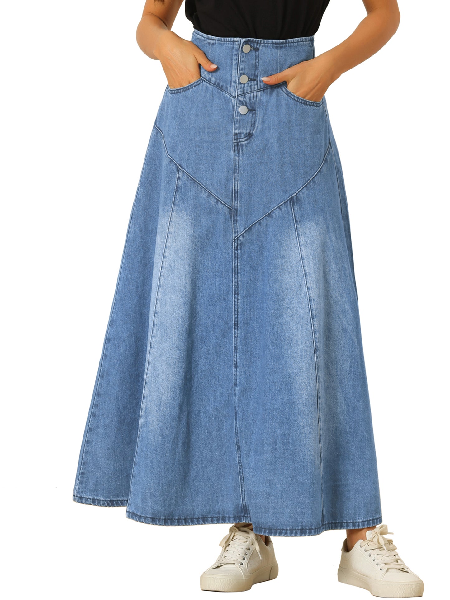 Women's Casual Denim Skirt High Waisted A-Line Flared Maxi Skirts