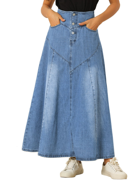 Women's Casual Denim Skirt High Waisted A-Line Flared Maxi Skirts