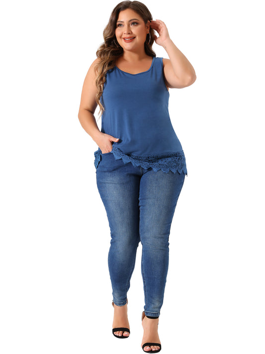 Women Plus Size Tops Round Neck Sleeveless Swing Lace Panel Flowy Tee Tops Summer