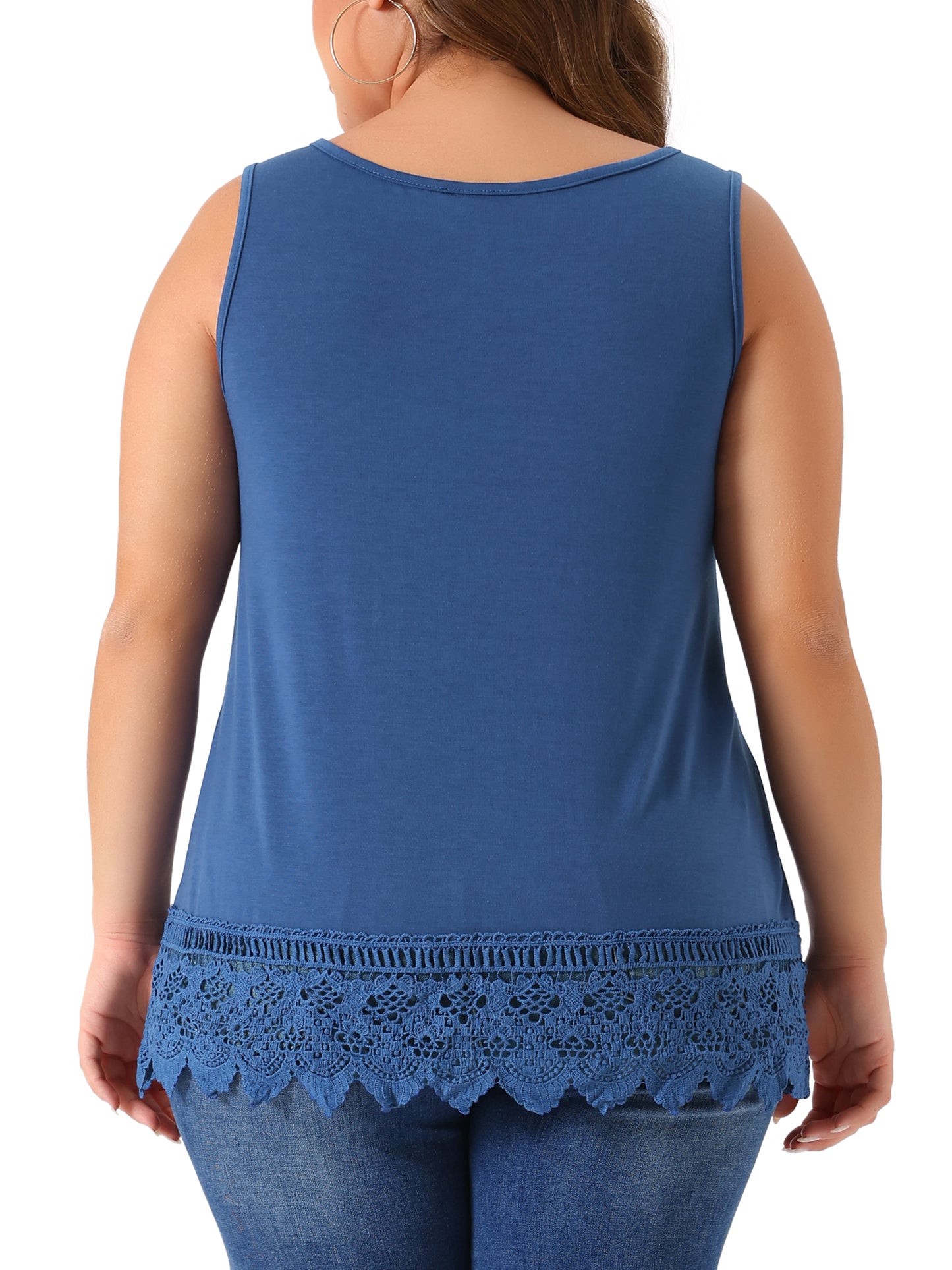 Women Plus Size Tops Round Neck Sleeveless Swing Lace Panel Flowy Tee Tops Summer