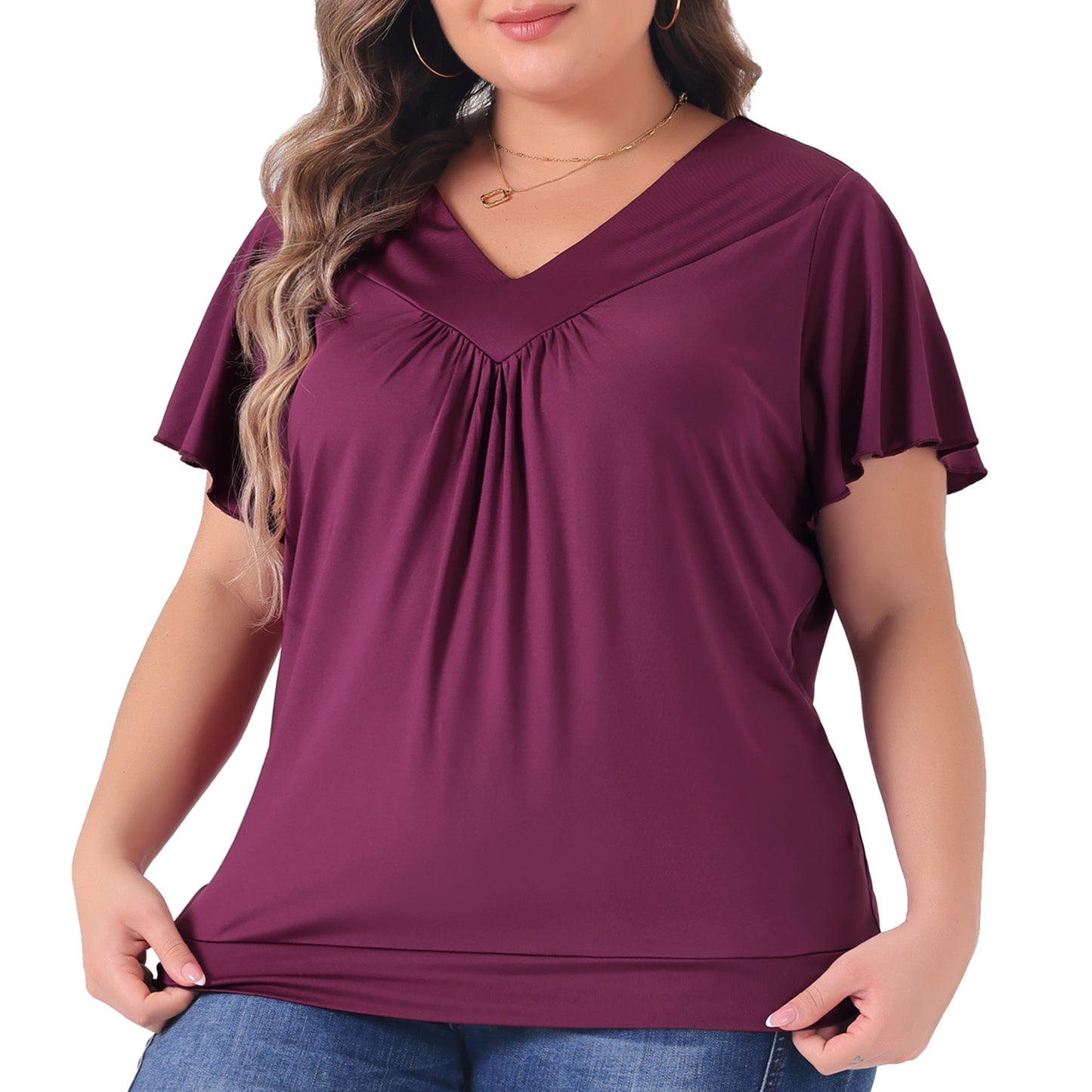 Women Plus Size Top V Neck Ruffle Short Sleeve Blouse Summer Tee Top
