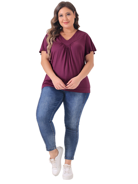 Women Plus Size Top V Neck Ruffle Short Sleeve Blouse Summer Tee Top