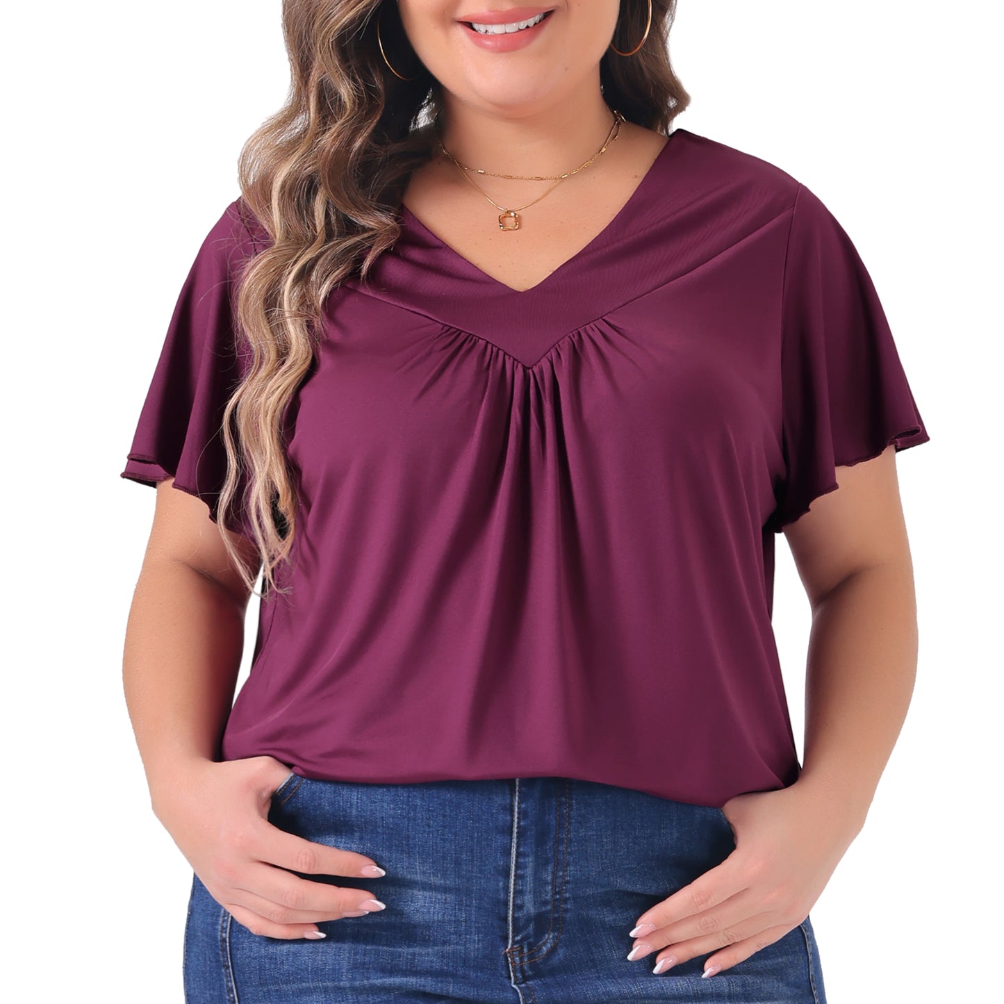 Women Plus Size Top V Neck Ruffle Short Sleeve Blouse Summer Tee Top
