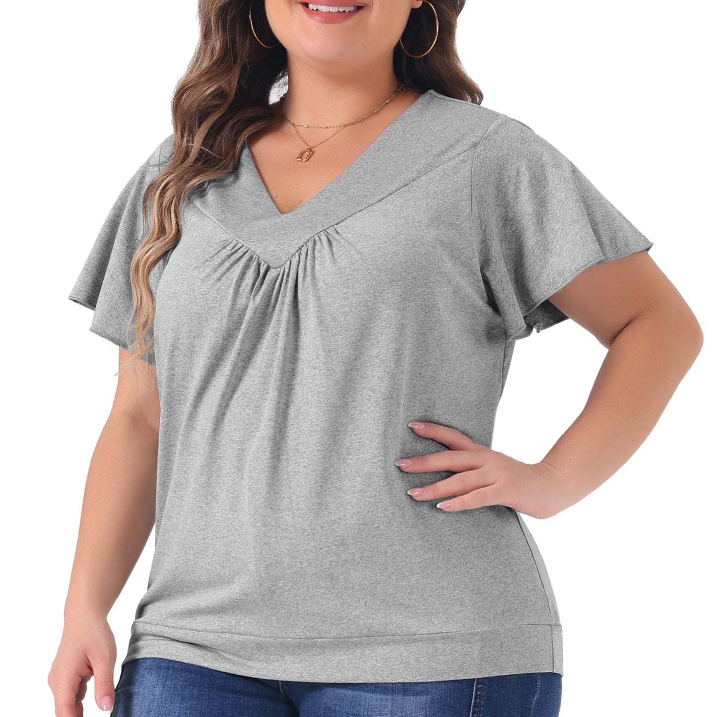 Women Plus Size Top V Neck Ruffle Short Sleeve Blouse Summer Tee Top