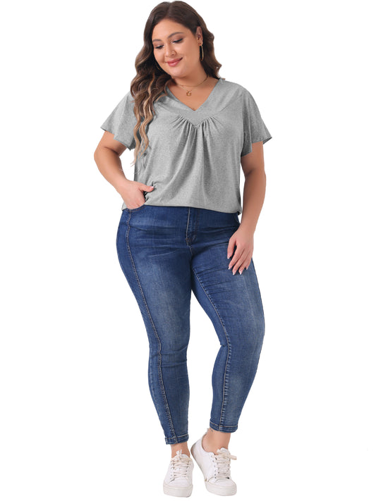 Women Plus Size Top V Neck Ruffle Short Sleeve Blouse Summer Tee Top