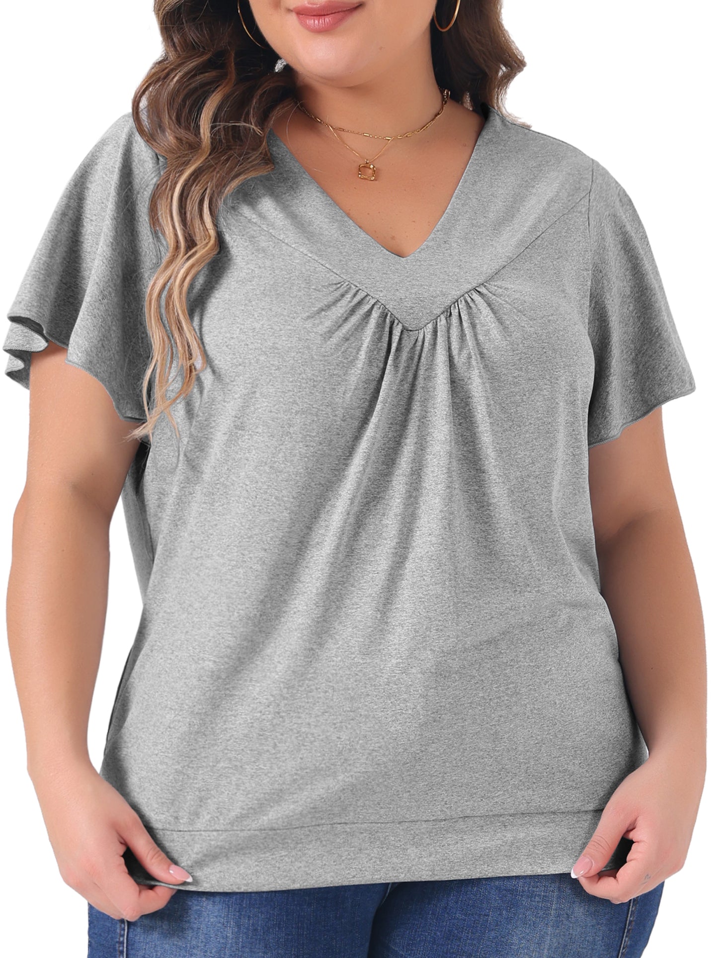 Women Plus Size Top V Neck Ruffle Short Sleeve Blouse Summer Tee Top