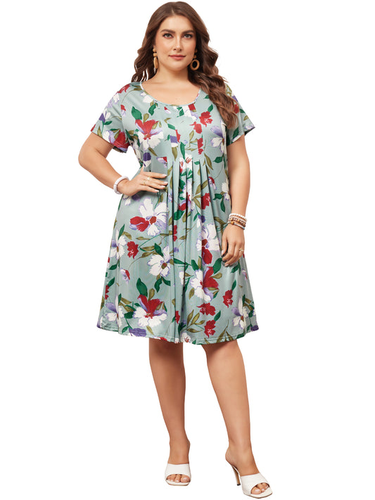 Women Plus Size Short Sleeves Pleated Summer Casual Loose Floral Dress