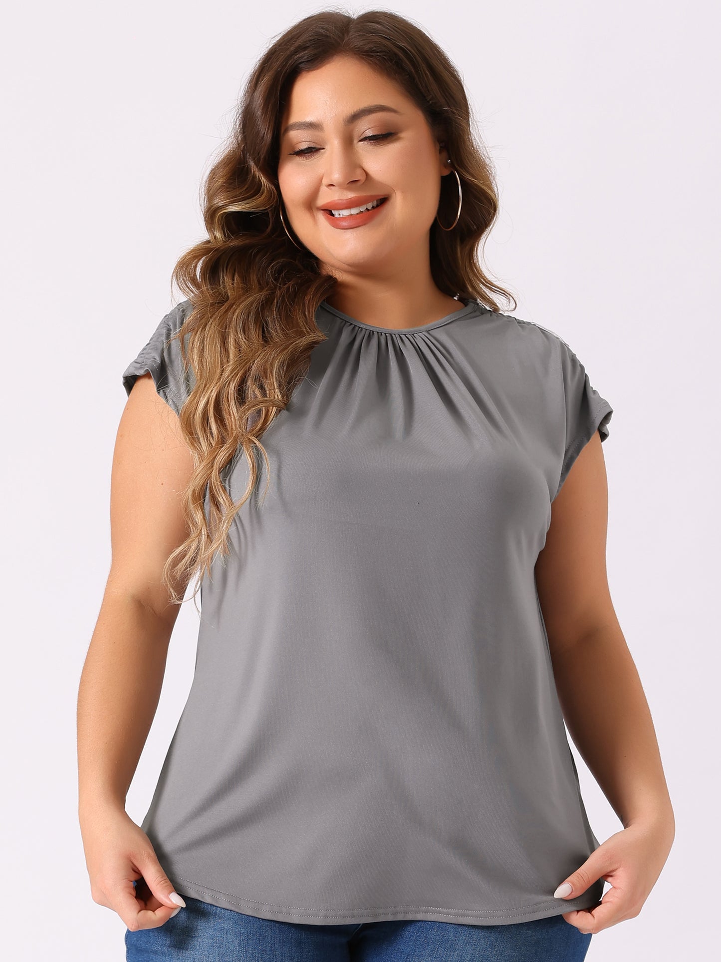 Women's Plus Size Blouse Ruched Round Neck Casual Short Sleeves Top
