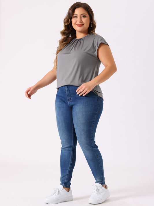 Women's Plus Size Blouse Ruched Round Neck Casual Short Sleeves Top