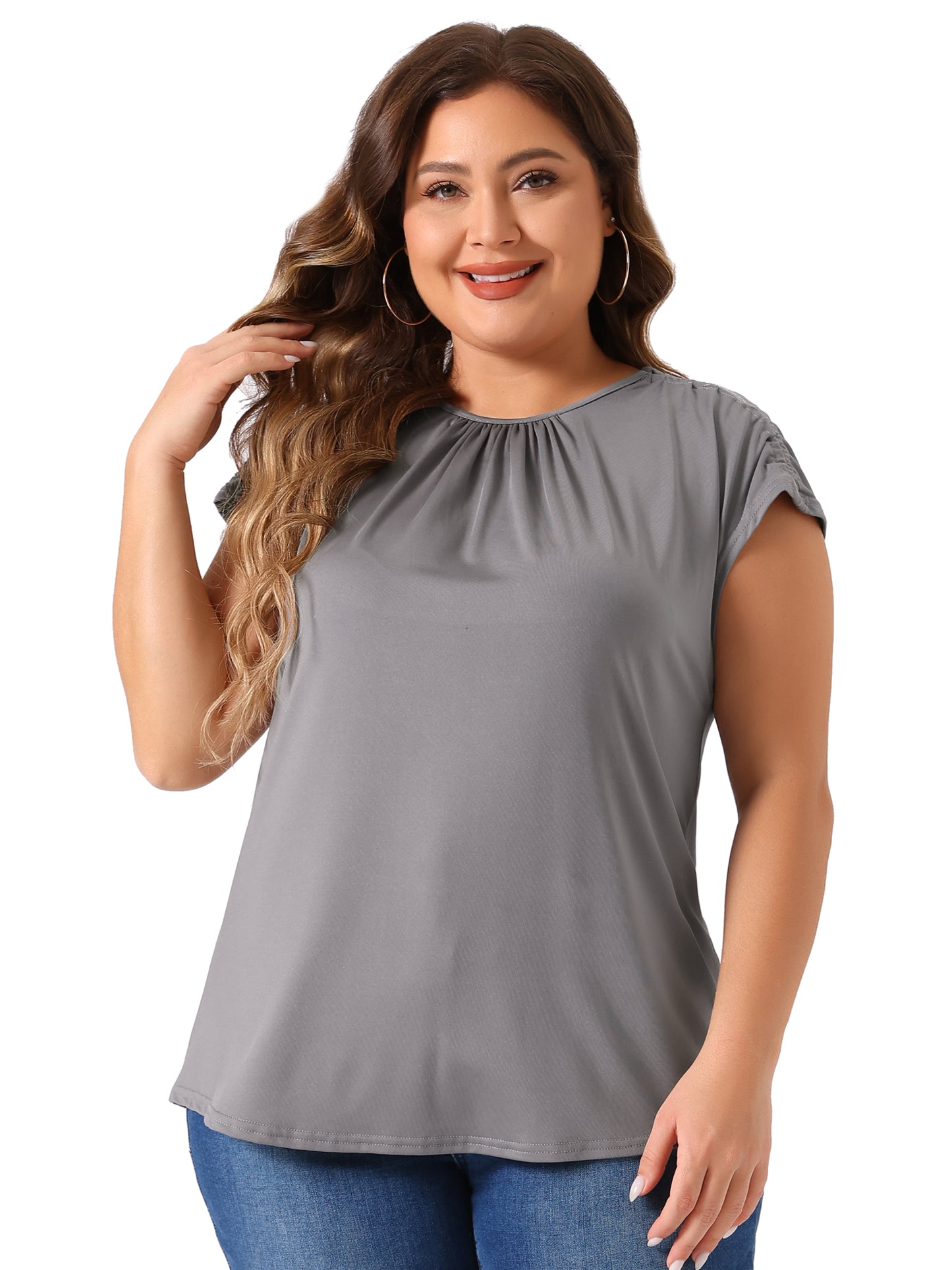 Women's Plus Size Blouse Ruched Round Neck Casual Short Sleeves Top