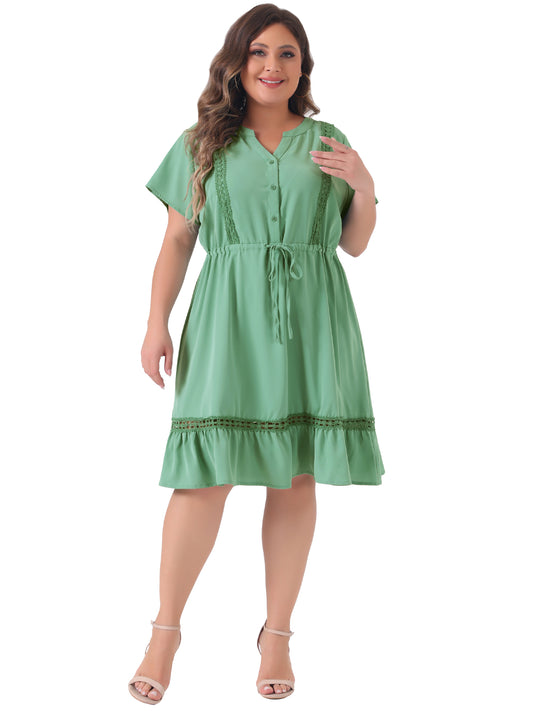 Women Plus Size Button V Neck Summer Midi Ruffle A Line Swing Dress