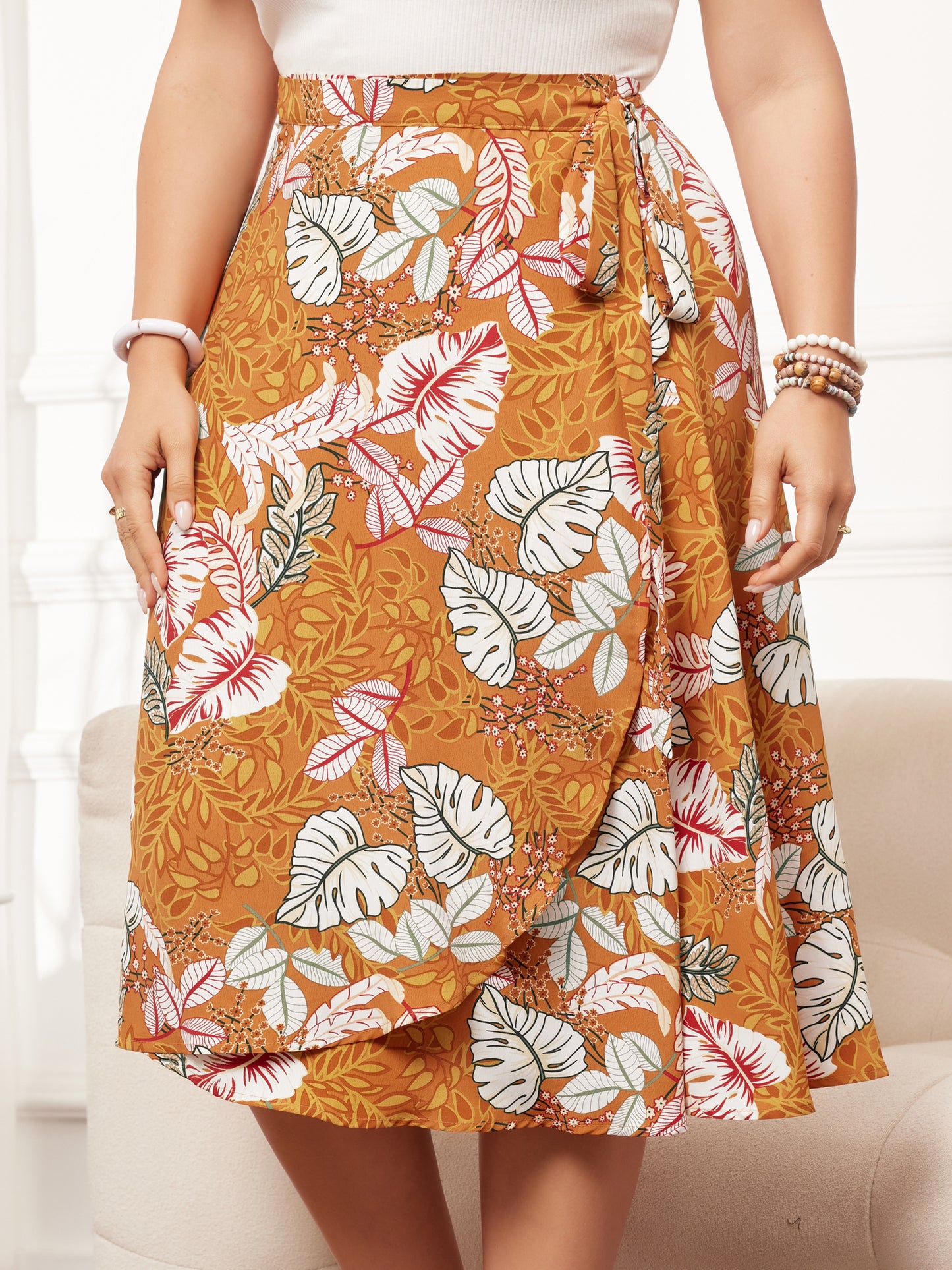 Women's Plus Size Boho Floral Wrap A Line Midi Chic Ruffled Hem High Waisted Skirt