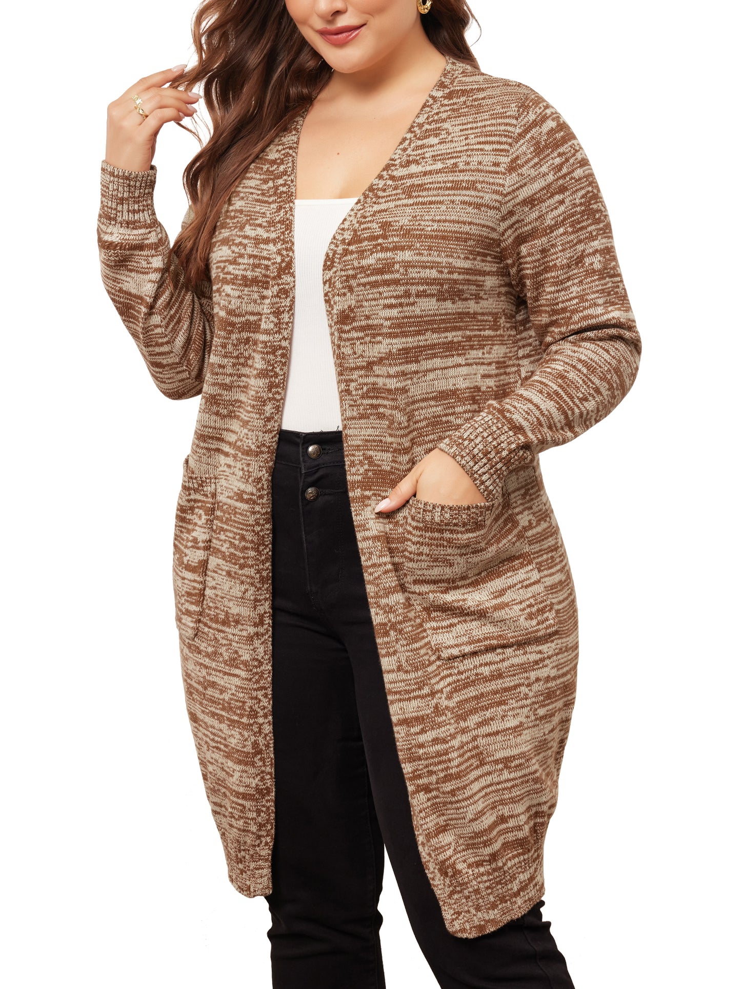 Women Plus Size Contrast Color Open Front Long Sleeve with Pockets Cardigans