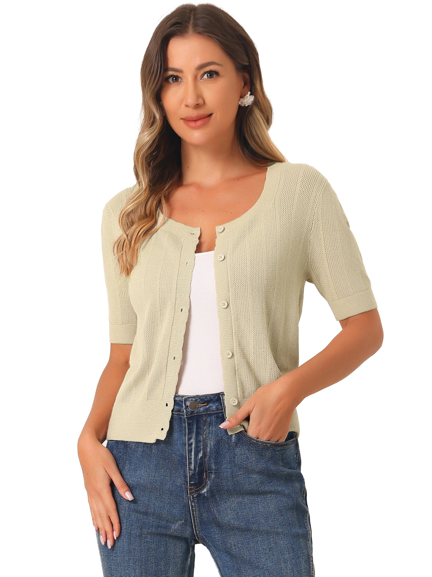 Suéter tipo bolero informal de punto a crochet con botones para mujer, cárdigan de manga corta