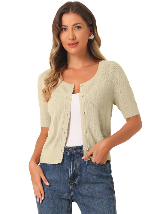 Suéter tipo bolero informal de punto a crochet con botones para mujer, cárdigan de manga corta