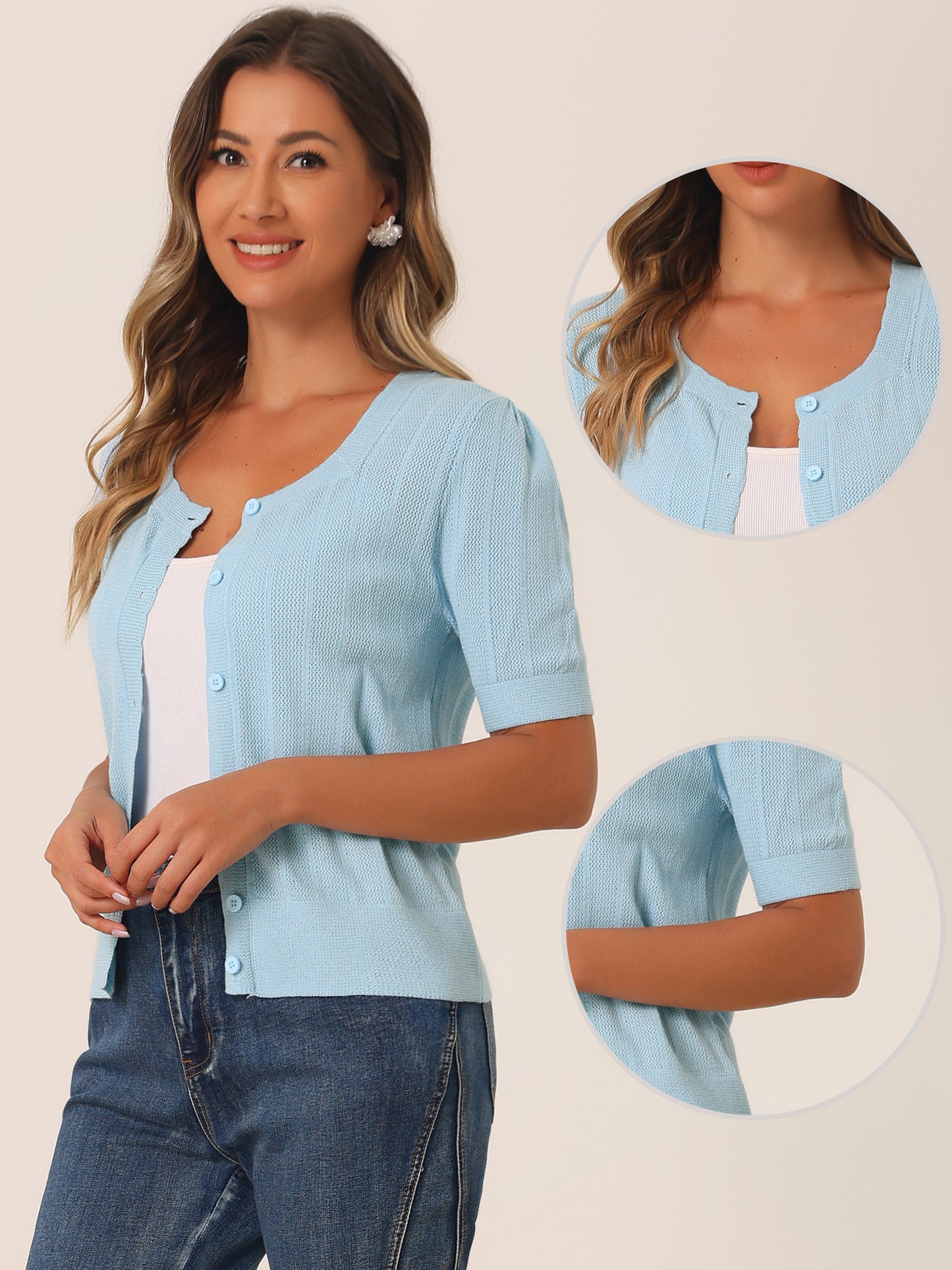 Suéter tipo bolero informal de punto a crochet con botones para mujer, cárdigan de manga corta