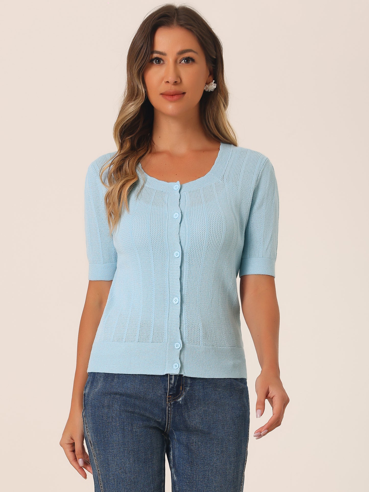 Suéter tipo bolero informal de punto a crochet con botones para mujer, cárdigan de manga corta